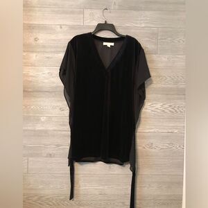 Michael Kors Black Stretch Velvet Mixed Media‎ Self-Tie  VNeck Top size medium